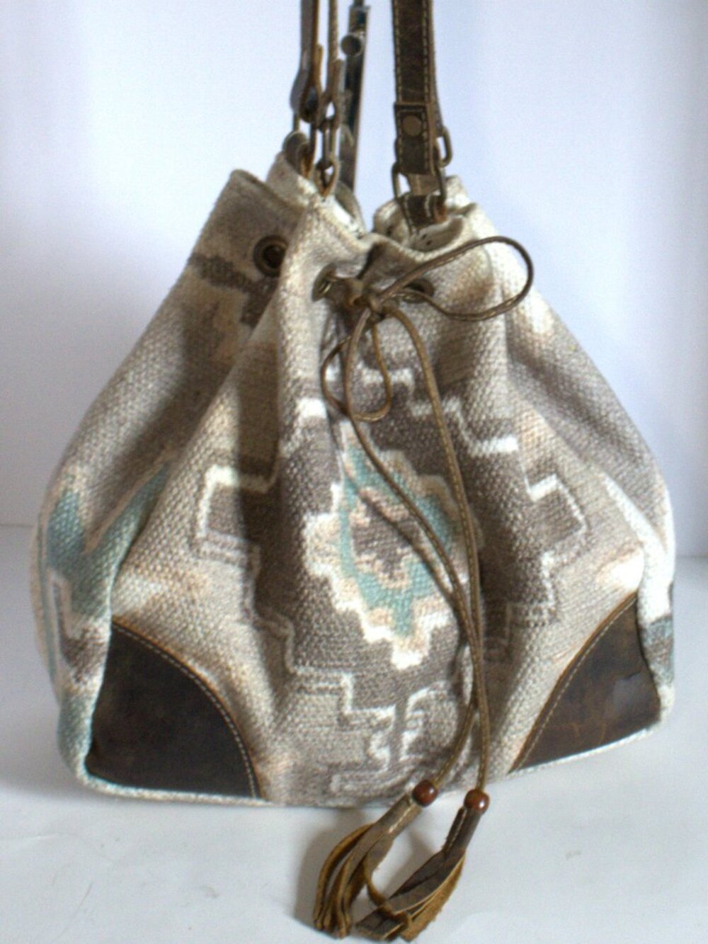 Myra, Temple Run Drawsting, Geometric Bucket Bag, with Leather Trim